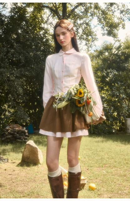 Two-Tone Plaid Peter Pan Collar Cotton Blouse