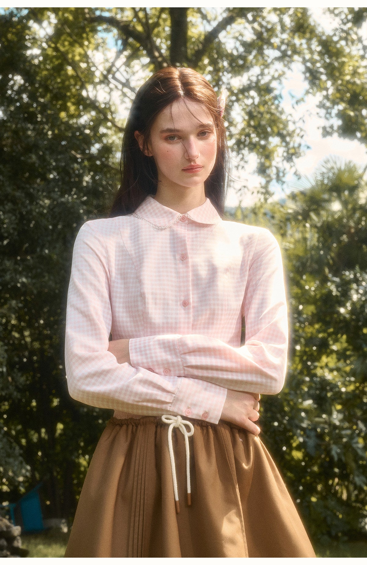 Two-Tone Plaid Peter Pan Collar Cotton Blouse