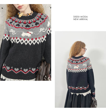 Jacquard Fair Isle Dog Pattern Knit Pullover