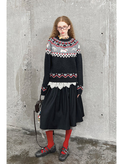 Jacquard Fair Isle Dog Pattern Knit Pullover
