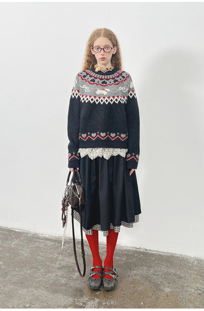 Jacquard Fair Isle Dog Pattern Knit Pullover