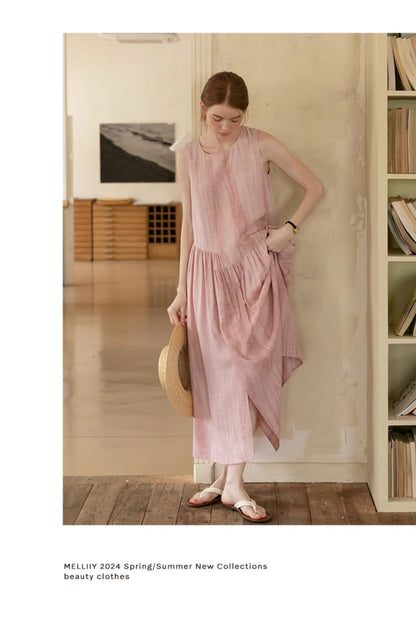 Sleeveless Washed-Tone Dress With Asymmetrical Overlap