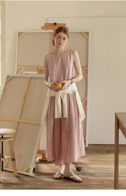 Sleeveless Washed-Tone Dress With Asymmetrical Overlap