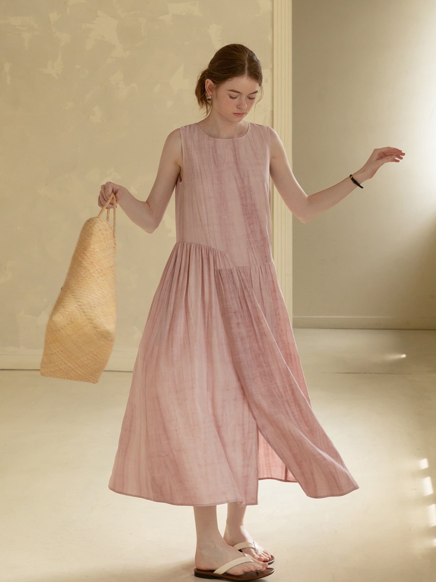 Sleeveless Washed-Tone Dress With Asymmetrical Overlap