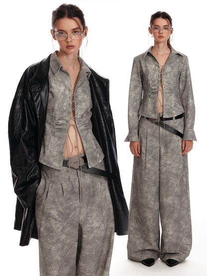 Vintage-Inspired Tie Front Shirt / Wide-Leg Pants