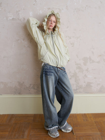 Lightweight Drawstring Jacket With Ruffled Hood