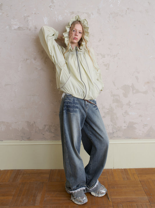 Lightweight Drawstring Jacket With Ruffled Hood