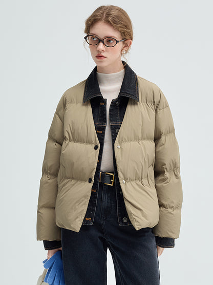 Layered-Look Duck Down Denim Collar Puffer Jacket