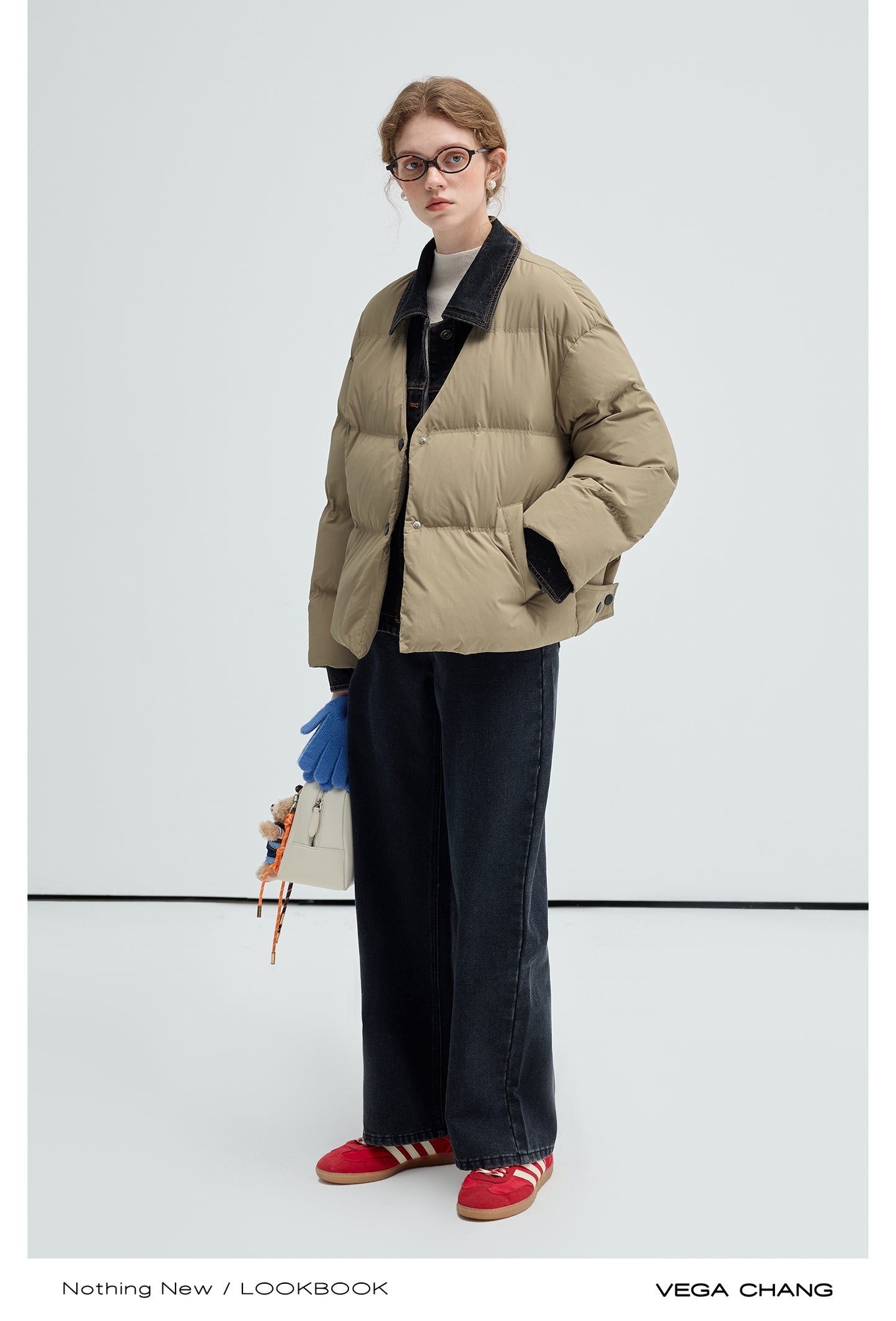 Layered-Look Duck Down Denim Collar Puffer Jacket