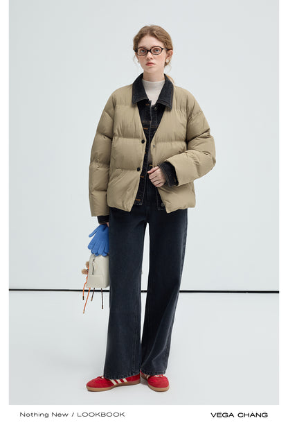 Layered-Look Duck Down Denim Collar Puffer Jacket