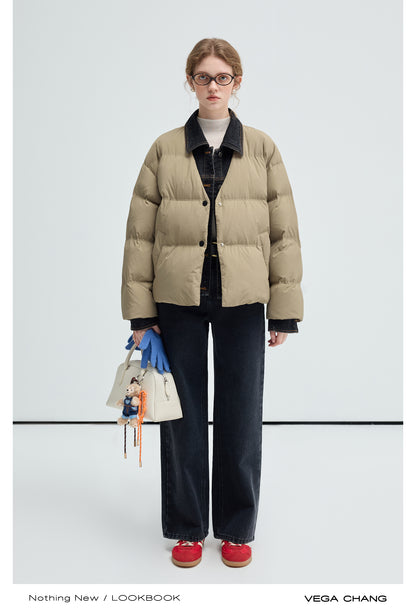 Layered-Look Duck Down Denim Collar Puffer Jacket