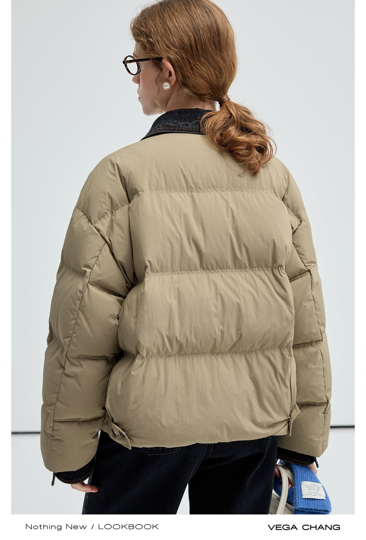 Layered-Look Duck Down Denim Collar Puffer Jacket