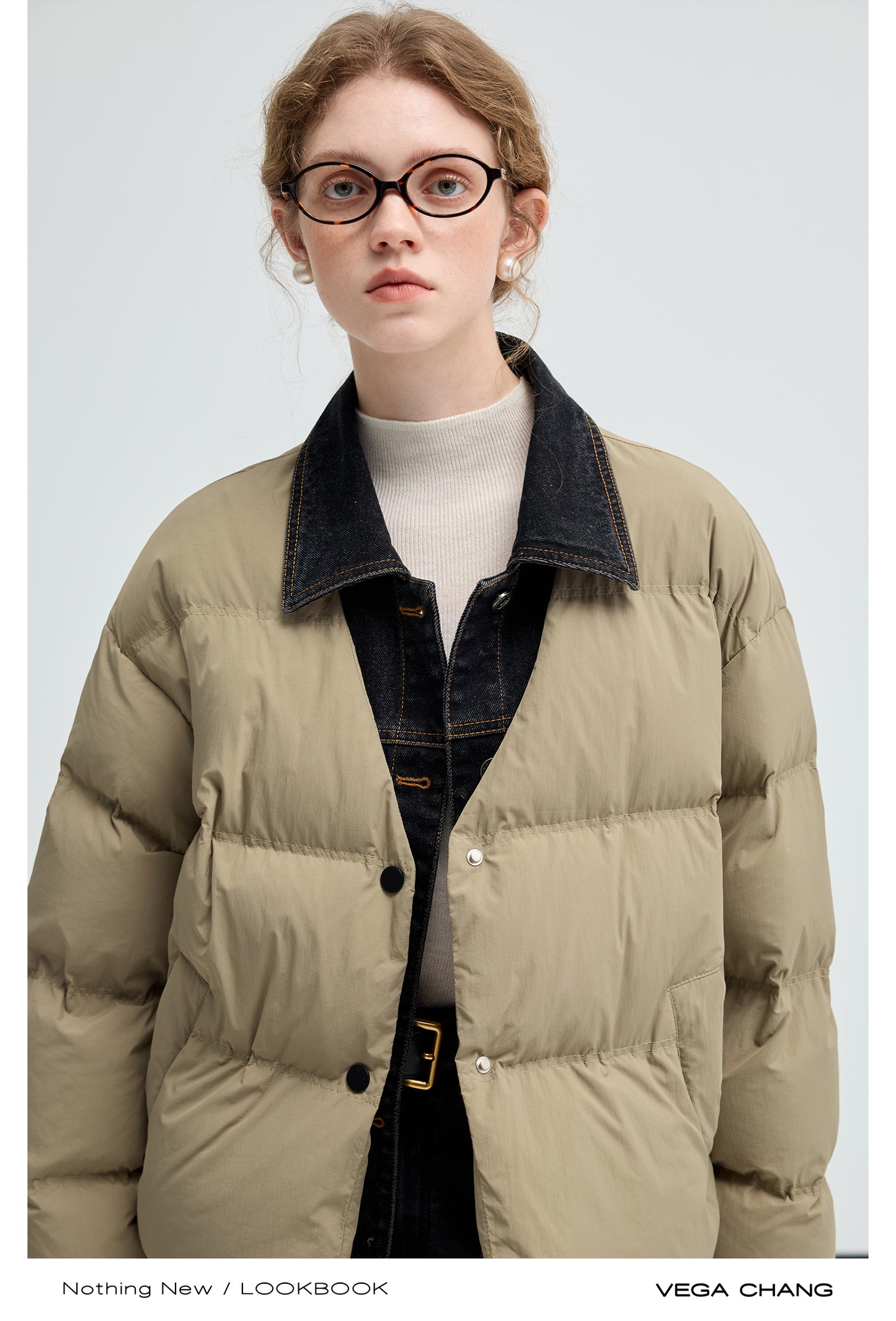 Layered-Look Duck Down Denim Collar Puffer Jacket