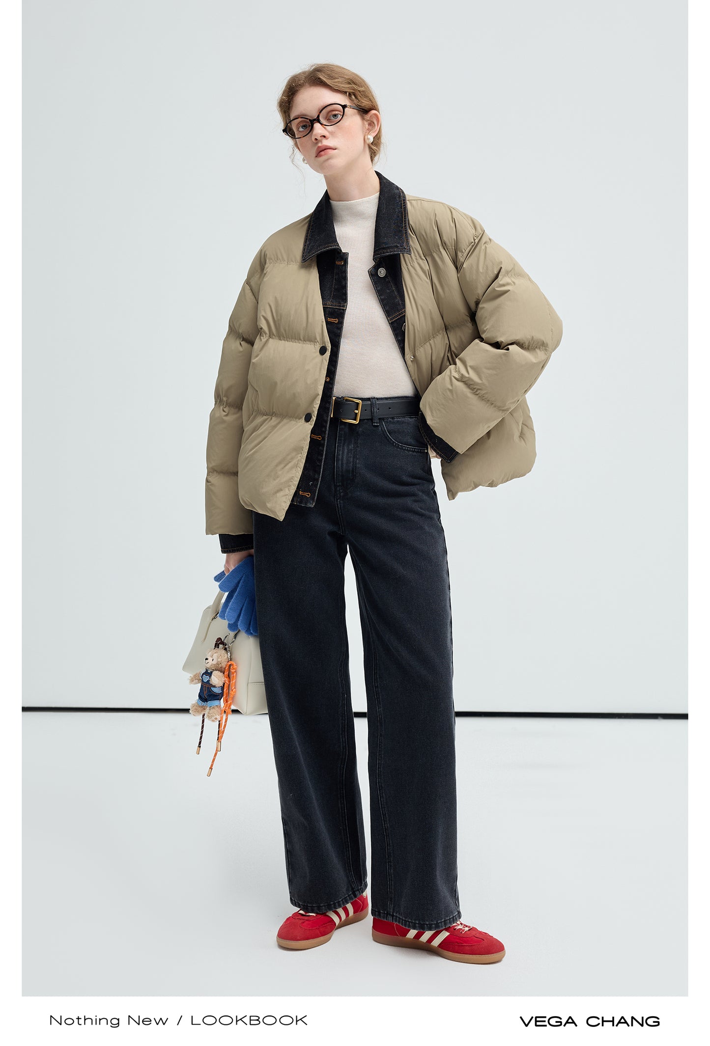 Layered-Look Duck Down Denim Collar Puffer Jacket