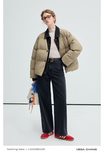 Layered-Look Duck Down Denim Collar Puffer Jacket