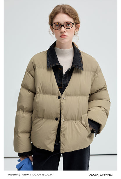 Layered-Look Duck Down Denim Collar Puffer Jacket