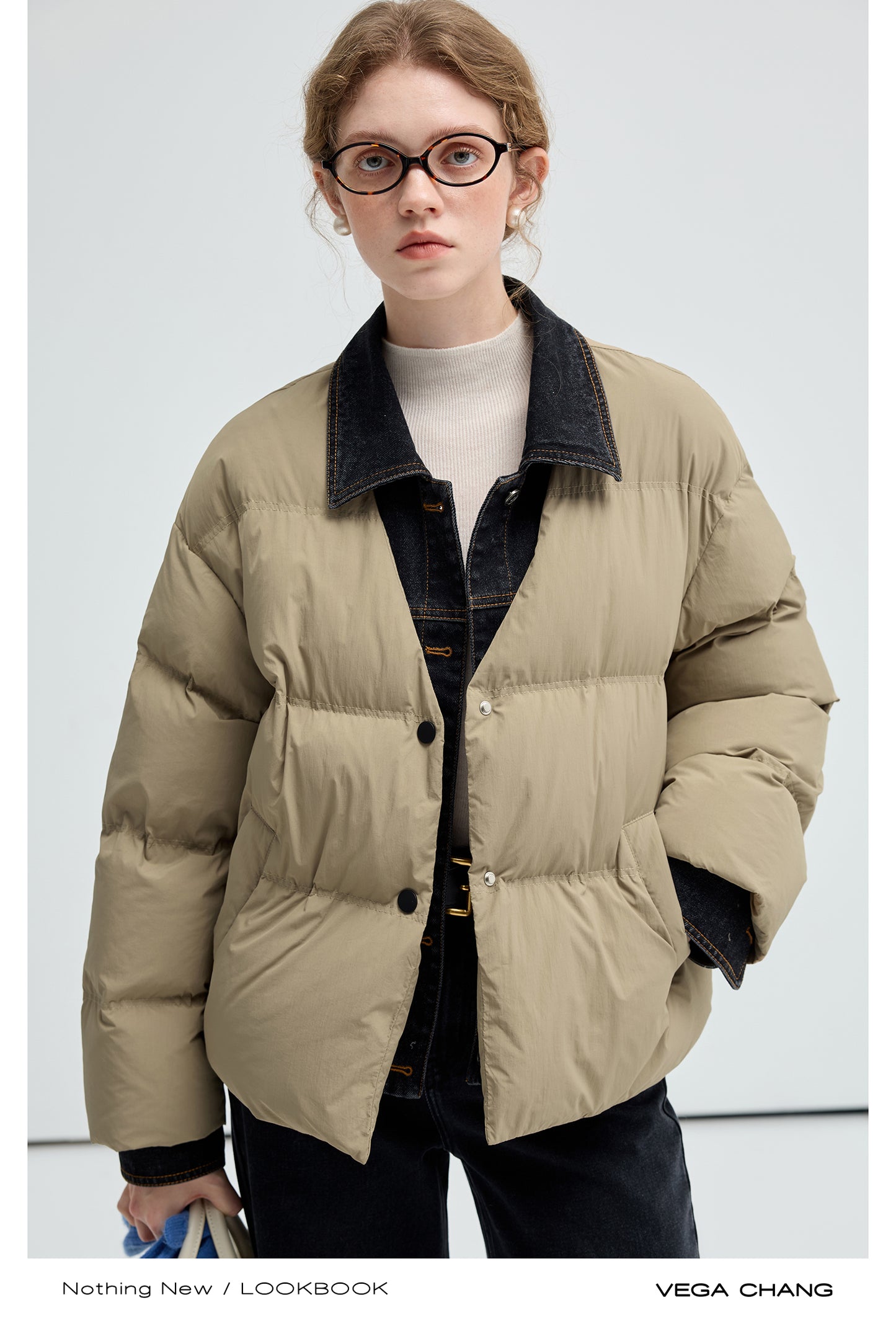 Layered-Look Duck Down Denim Collar Puffer Jacket