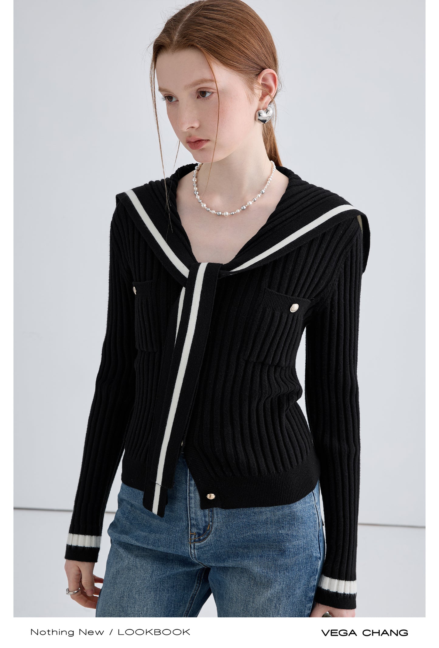 Tie Neck Sailor Collar Striped Rib Knit Cardigan