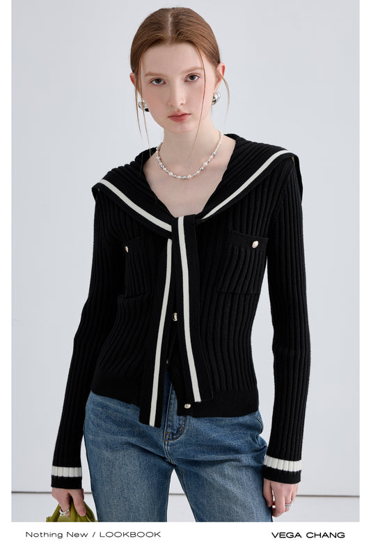 Tie Neck Sailor Collar Striped Rib Knit Cardigan