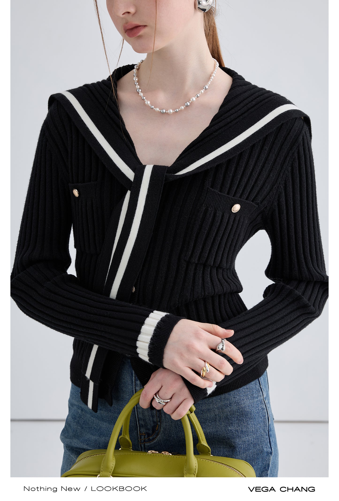 Tie Neck Sailor Collar Striped Rib Knit Cardigan