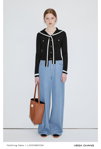 Tie Neck Sailor Collar Striped Rib Knit Cardigan