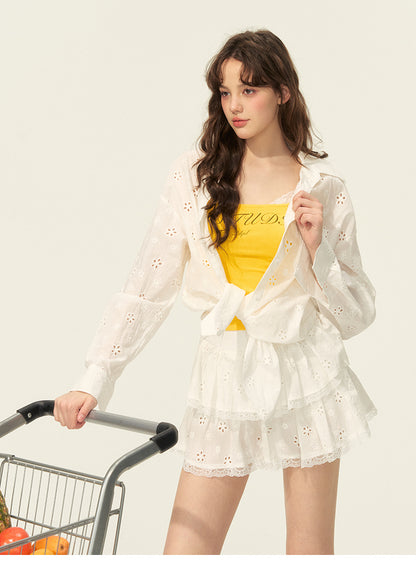 Eyelet Embroidered Cotton Shirt & Tiered Mini Skirt
