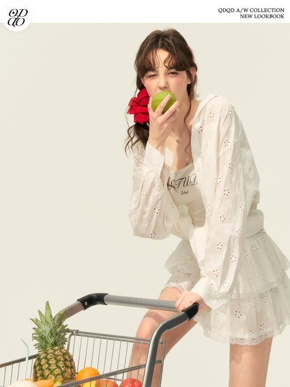 Eyelet Embroidered Cotton Shirt & Tiered Mini Skirt