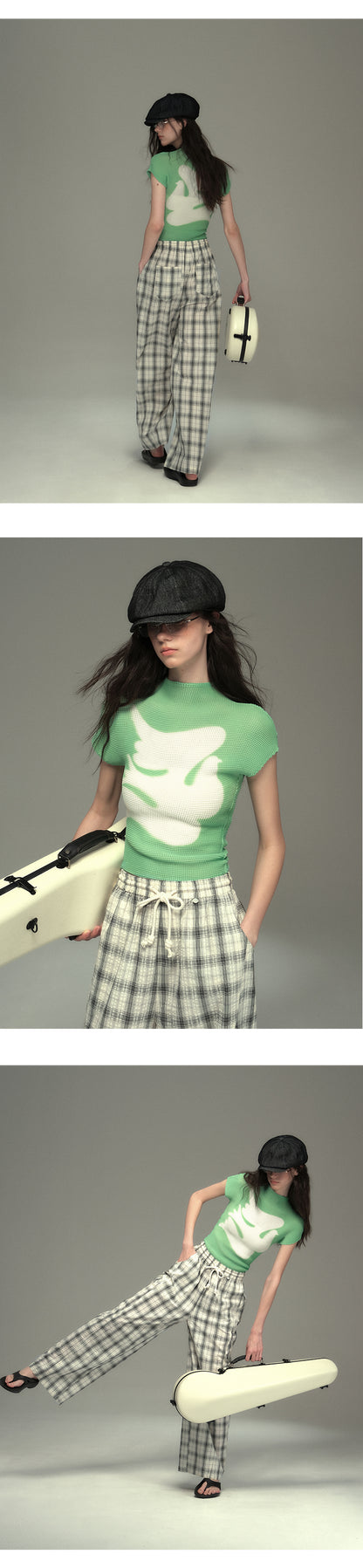 Pleated Fitted Mock Neck T-Shirt With Bird Motif