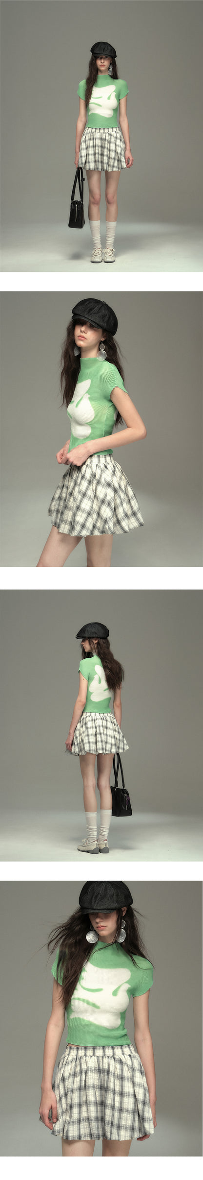 Pleated Fitted Mock Neck T-Shirt With Bird Motif