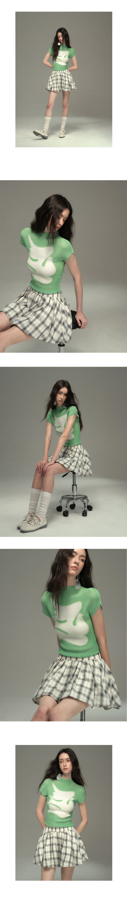 Pleated Fitted Mock Neck T-Shirt With Bird Motif