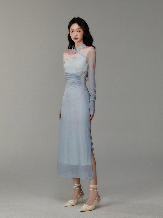 Ruched Gradient Slim-Fit Qipao Style Dress