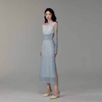 Ruched Gradient Slim-Fit Qipao Style Dress