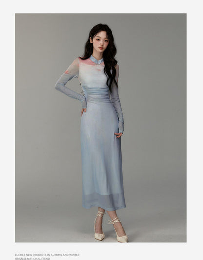 Ruched Gradient Slim-Fit Qipao Style Dress