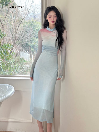 Ruched Gradient Slim-Fit Qipao Style Dress