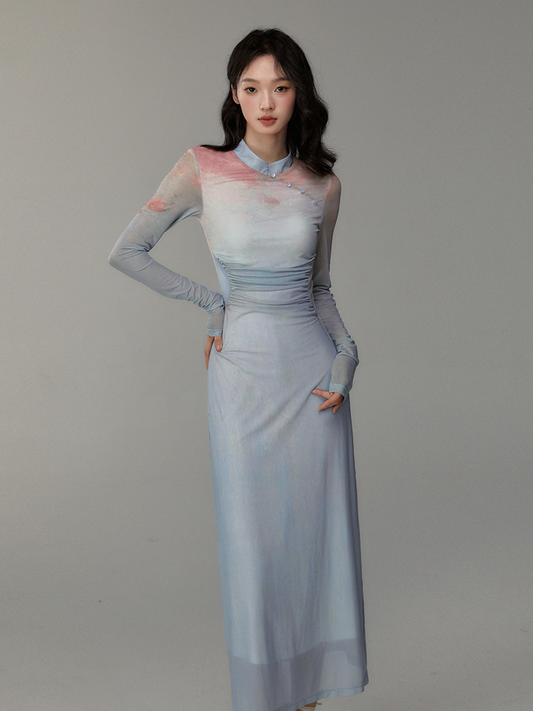 Ruched Gradient Slim-Fit Qipao Style Dress