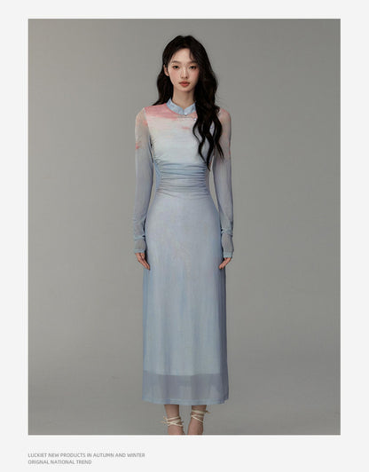 Ruched Gradient Slim-Fit Qipao Style Dress
