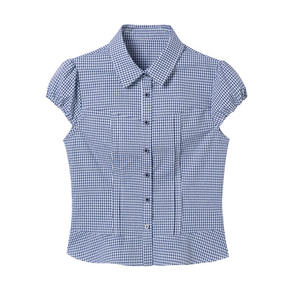 Short Puff-Sleeve Button-Front Blouse