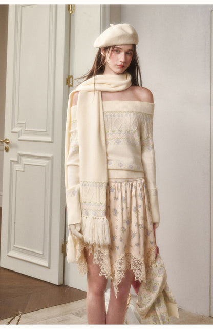 Off-Shoulder Fair Isle Sweater, Floral Skirt & Scarves