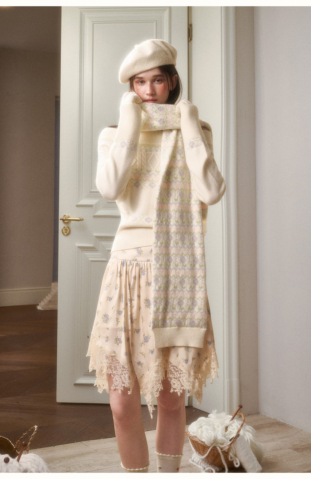 Off-Shoulder Fair Isle Sweater, Floral Skirt & Scarves