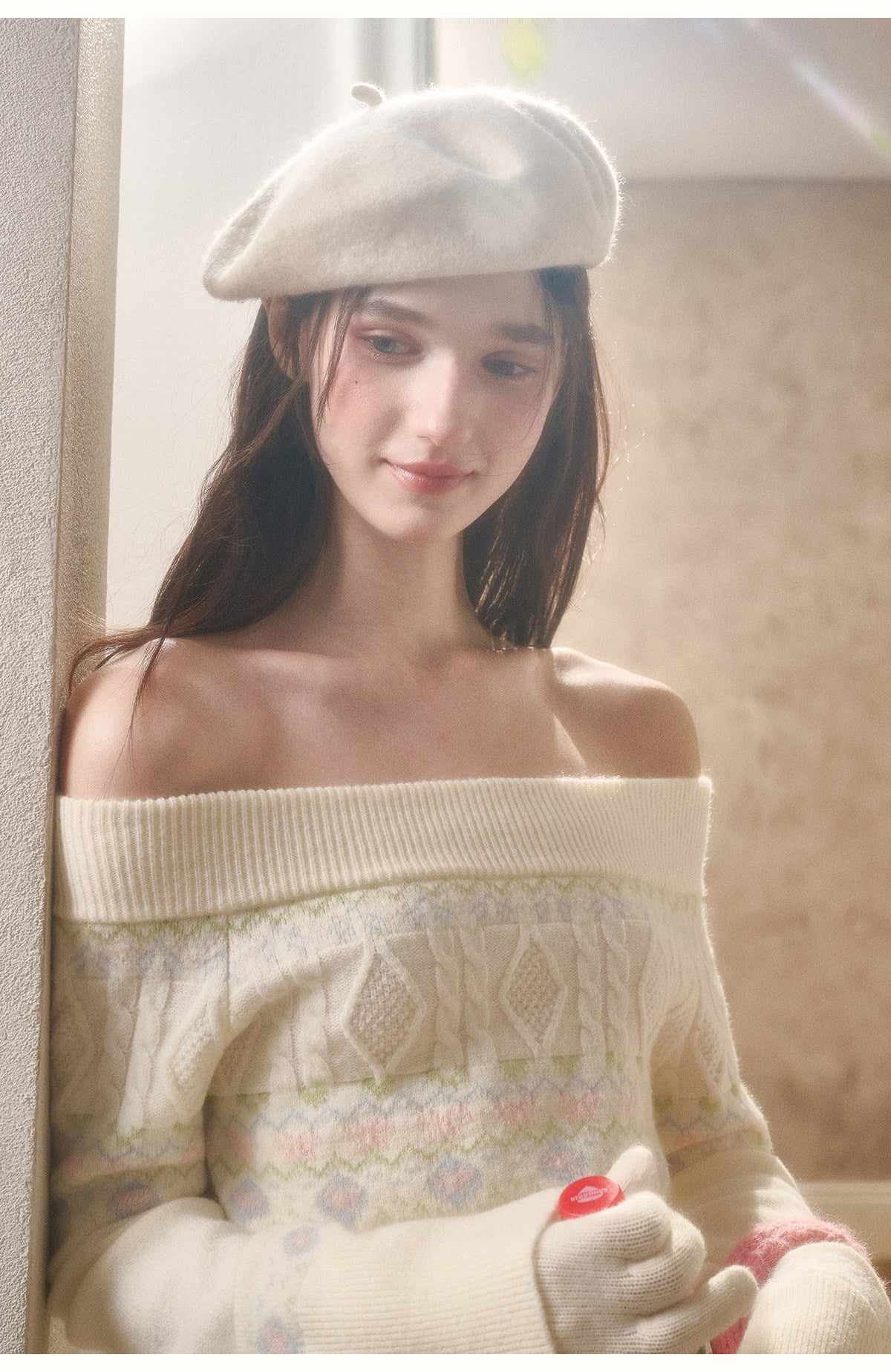 Off-Shoulder Fair Isle Sweater, Floral Skirt & Scarves