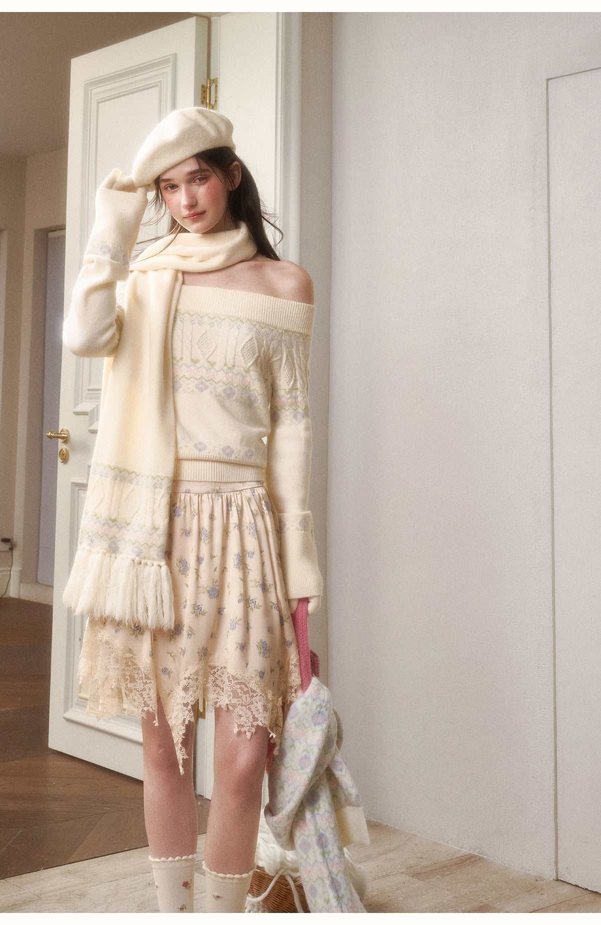 Off-Shoulder Fair Isle Sweater, Floral Skirt & Scarves