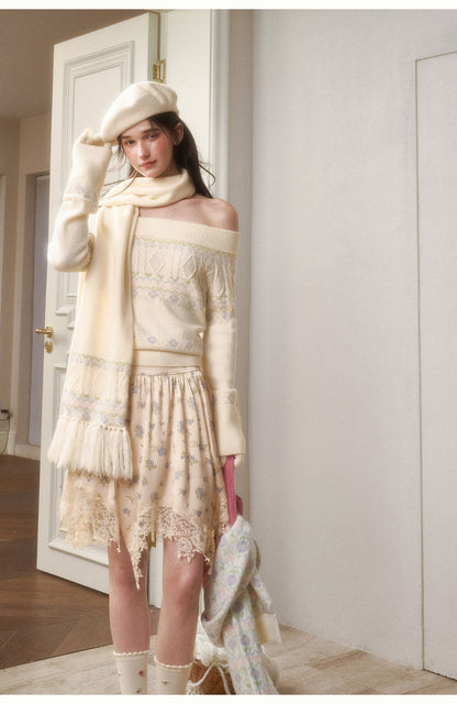 Off-Shoulder Fair Isle Sweater, Floral Skirt & Scarves