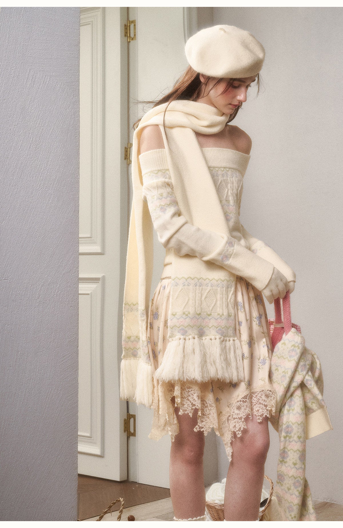 Off-Shoulder Fair Isle Sweater, Floral Skirt & Scarves