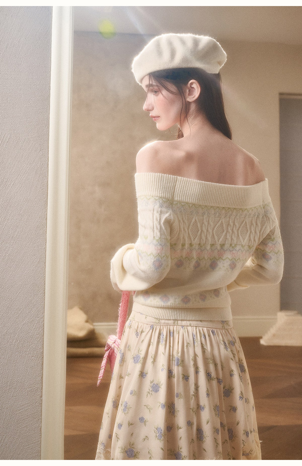 Off-Shoulder Fair Isle Sweater, Floral Skirt & Scarves