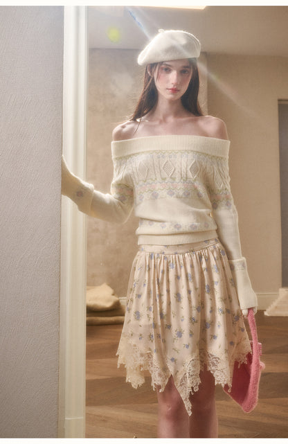 Off-Shoulder Fair Isle Sweater, Floral Skirt & Scarves