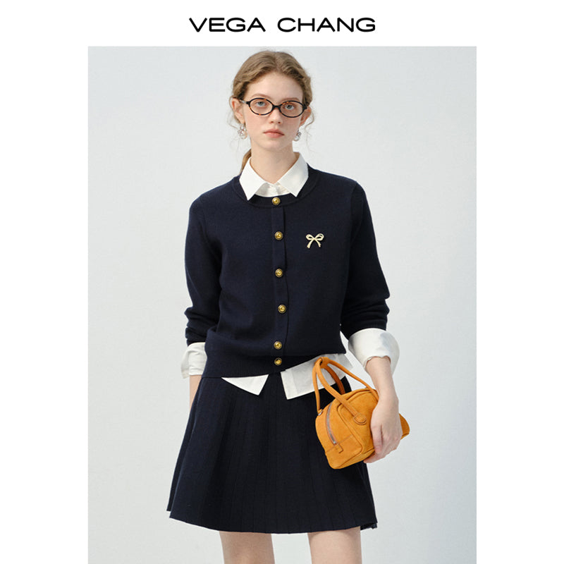 Bow Brooch Accent Knitted Cardigan And Pleated Skirt