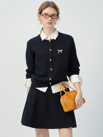 Bow Brooch Accent Knitted Cardigan And Pleated Skirt