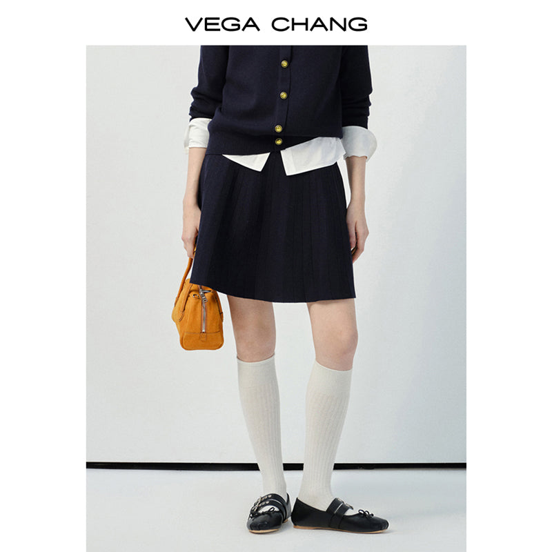 Bow Brooch Accent Knitted Cardigan And Pleated Skirt