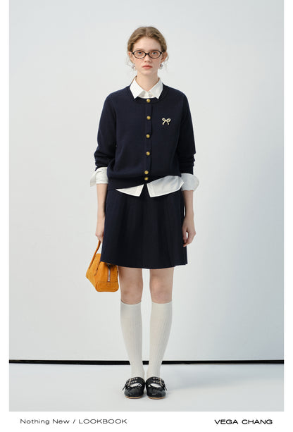 Bow Brooch Accent Knitted Cardigan And Pleated Skirt