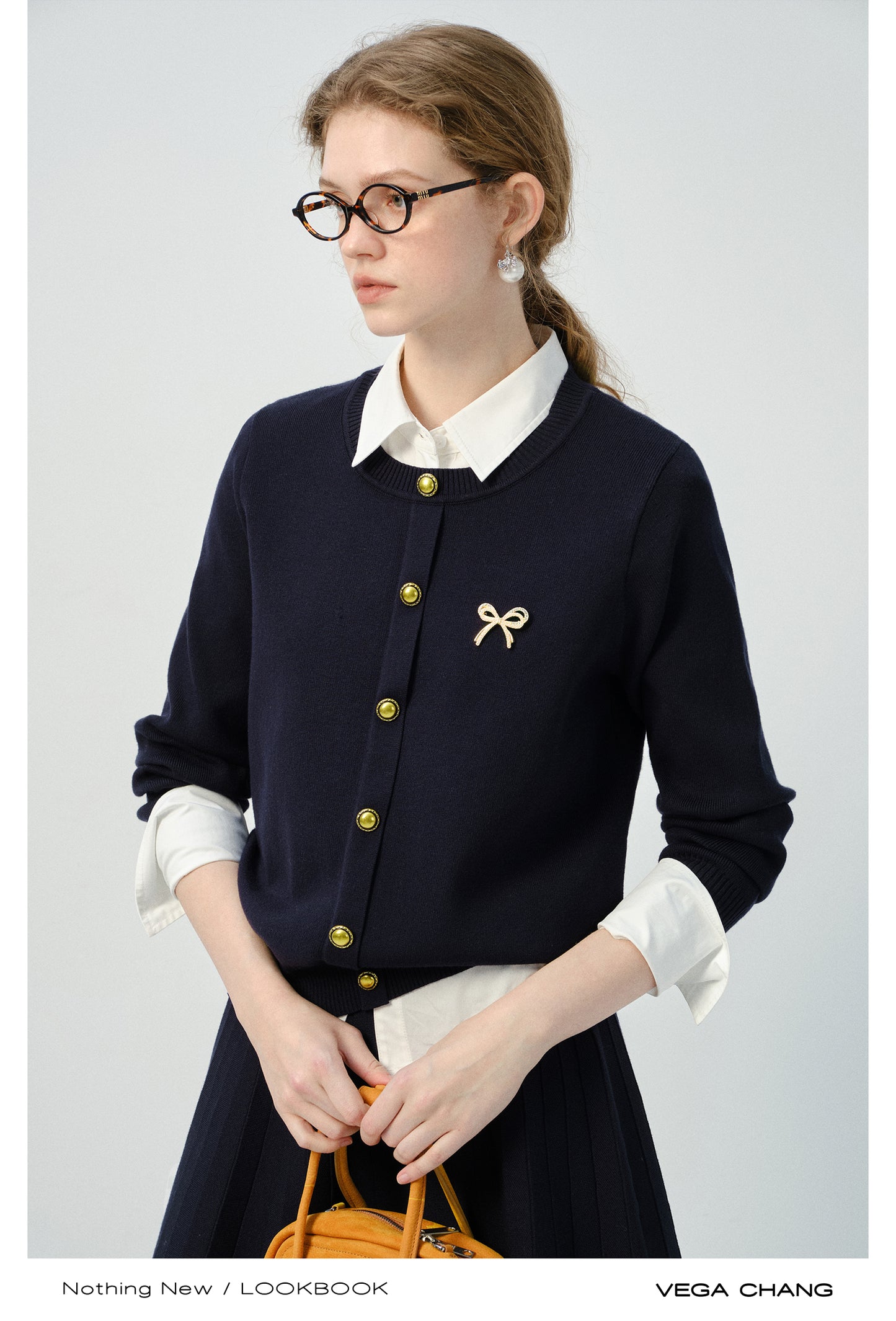 Bow Brooch Accent Knitted Cardigan And Pleated Skirt